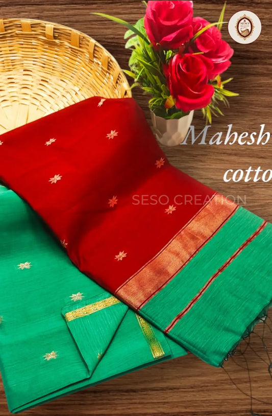 Maheswari Cotton Saree with Butta Work - Red with Blue Pallu