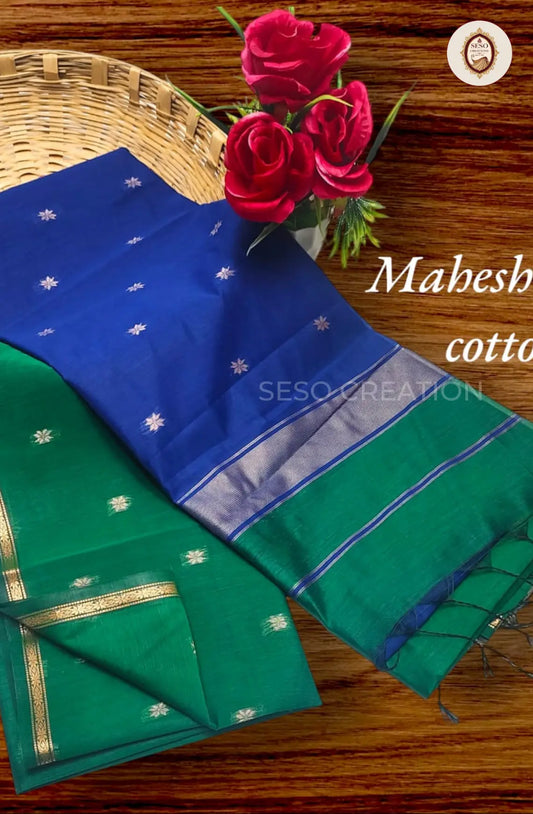 Maheshwari Cotton Saree with Butta Work - Royal Blue with Sumathi Pallu