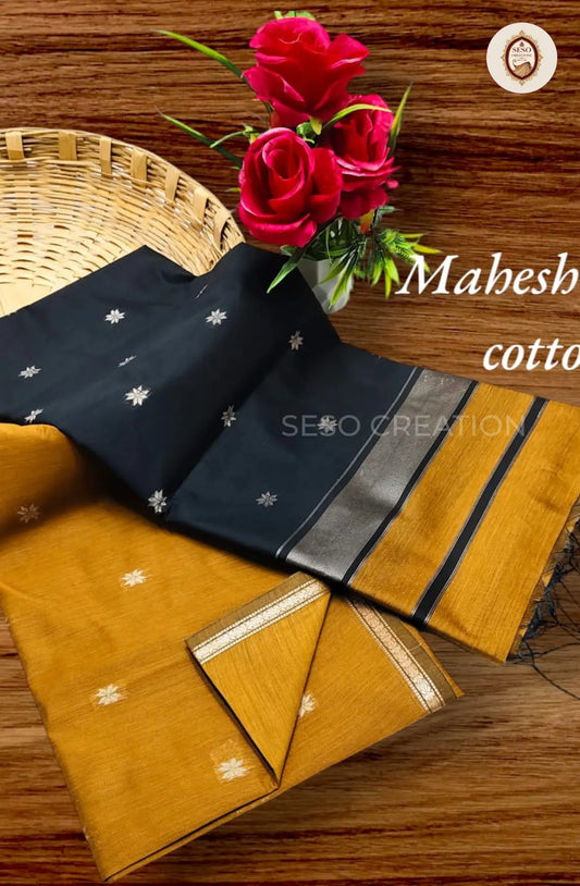 Maheshwari Cotton Saree with Butta Work - Black with Yellow Pallu