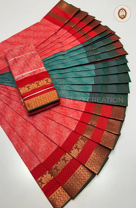 Pavithra Plain Emboss Semi Silk Saree - Peach Red