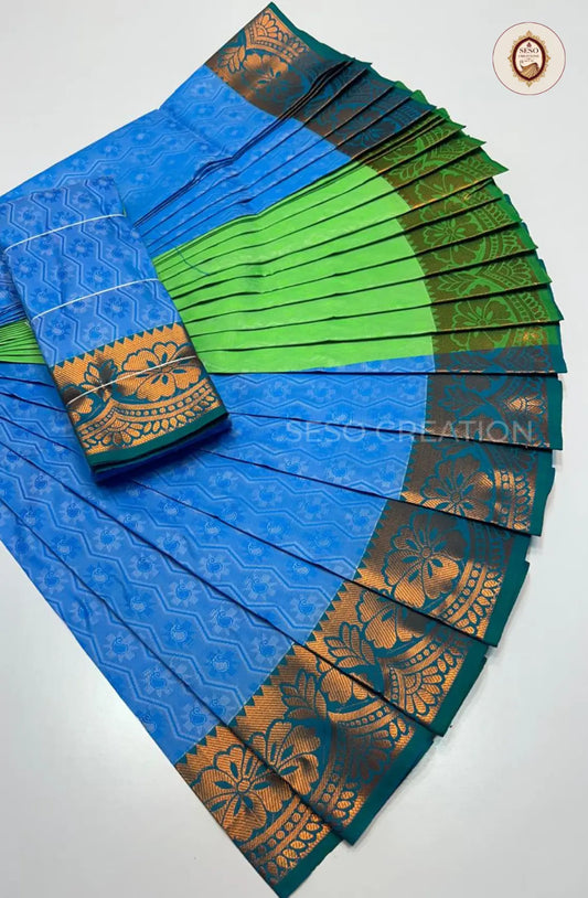 Pavithra Plain Emboss Semi Silk Saree - Sky Blue