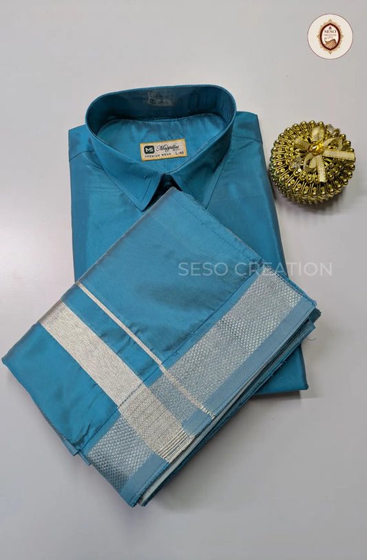 Premium Japan Silk Dhoti Set with Silver Zari - Aqua Blue