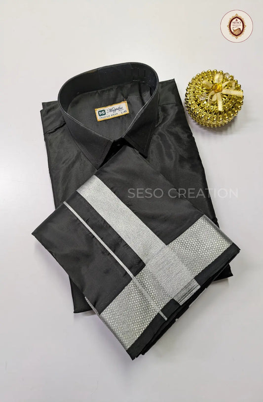 Premium Japan Silk Dhoti Set with Silver Zari - Black