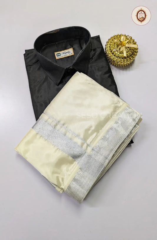 Premium Japan Silk Dhoti Set with Silver Zari - Black and Off White