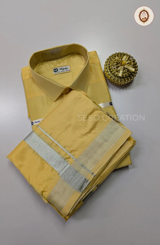 Premium Japan Silk Dhoti Set with Silver Zari - Champagne