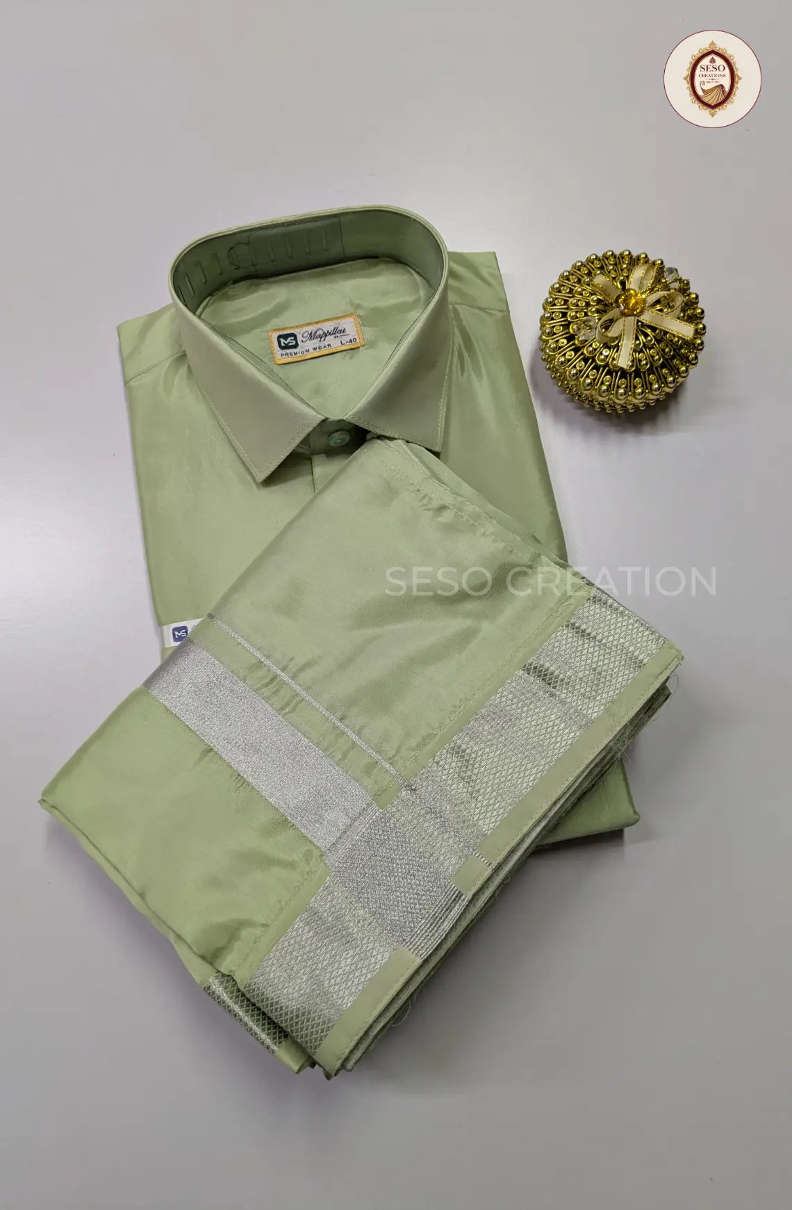 Premium Japan Silk Dhoti Set with Silver Zari - Marine Green