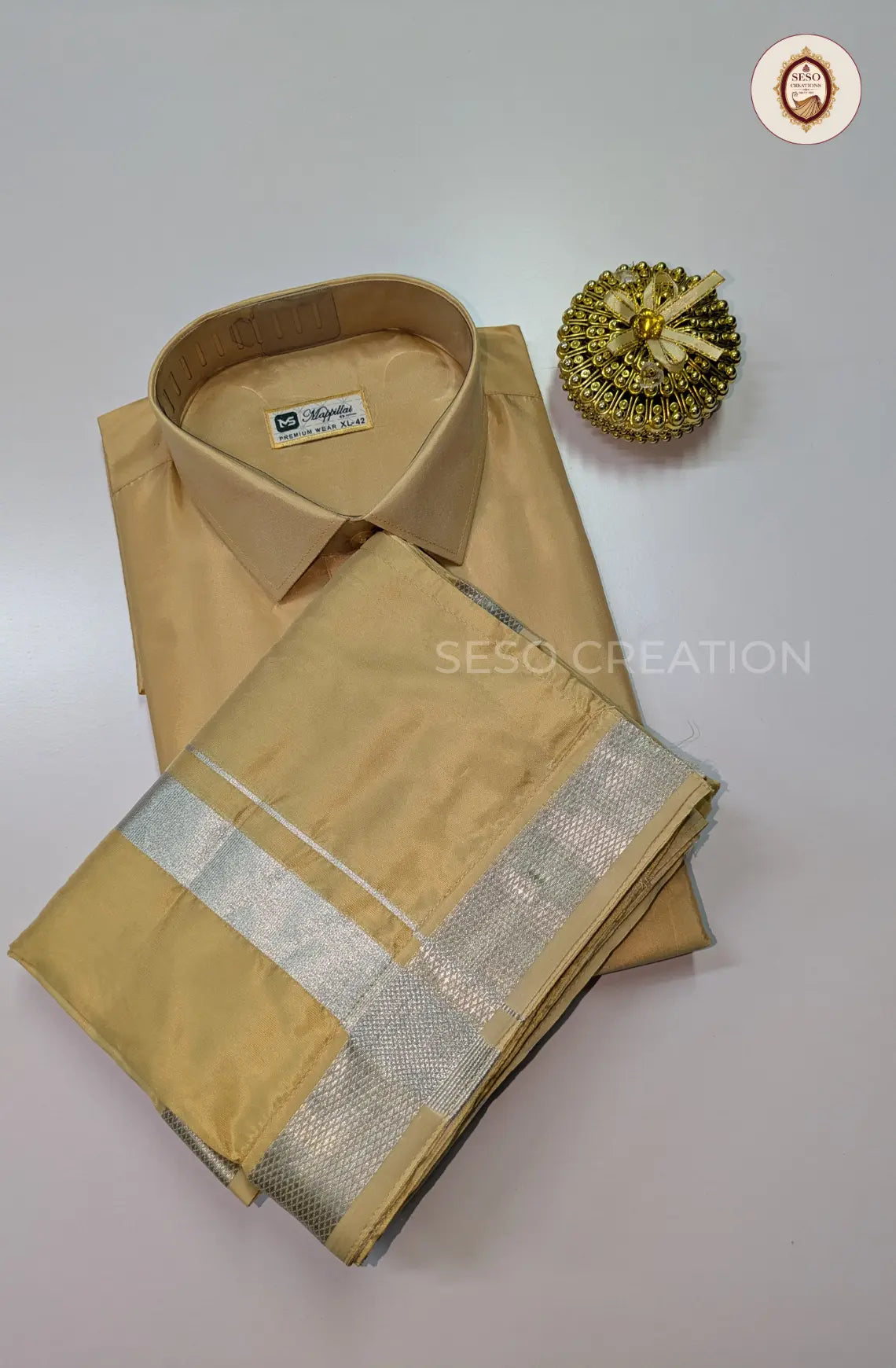 Premium Japan Silk Dhoti Set with Silver Zari - Natural Sandal