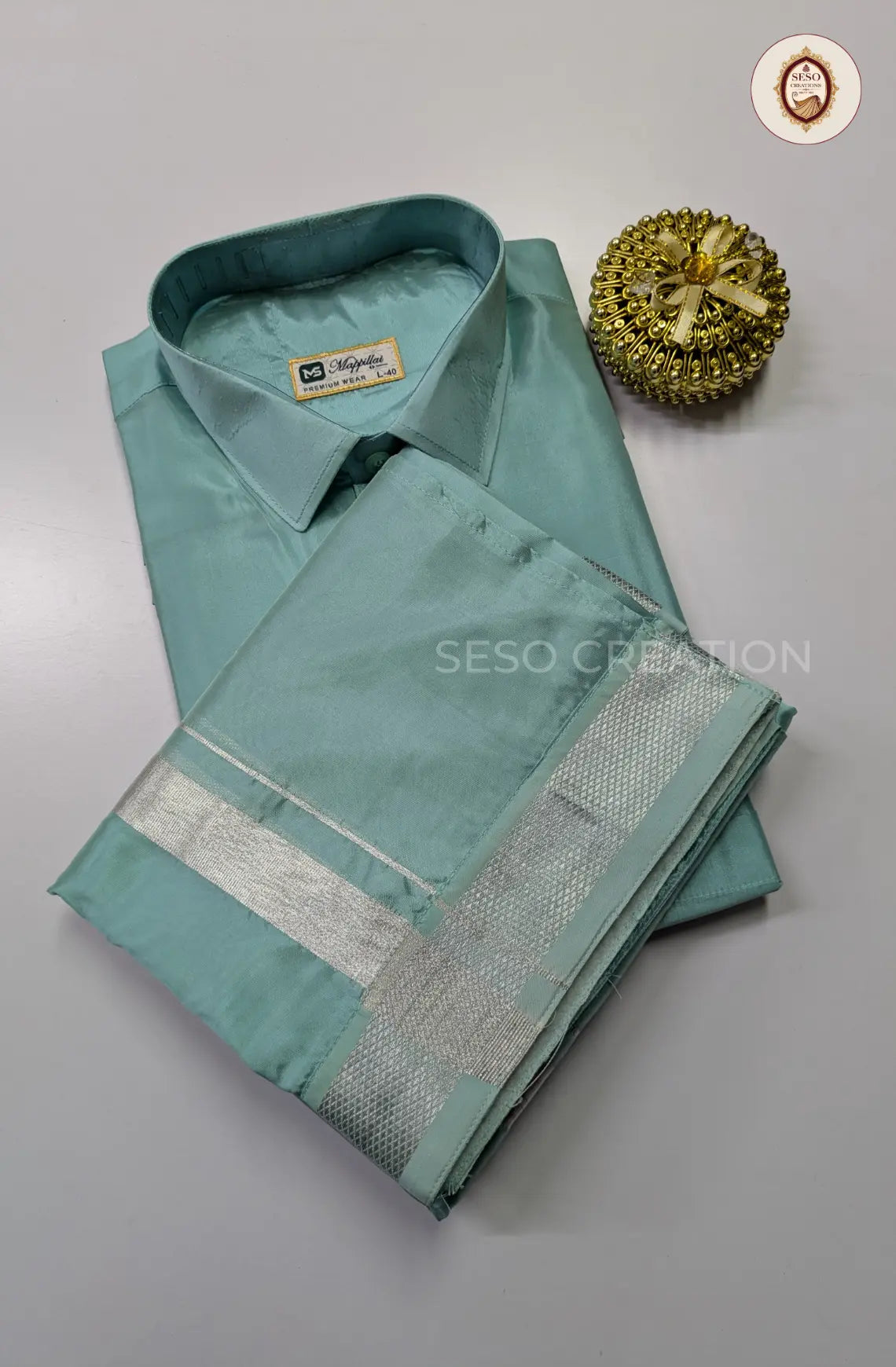 Premium Japan Silk Dhoti Set with Silver Zari - Pastel Rama