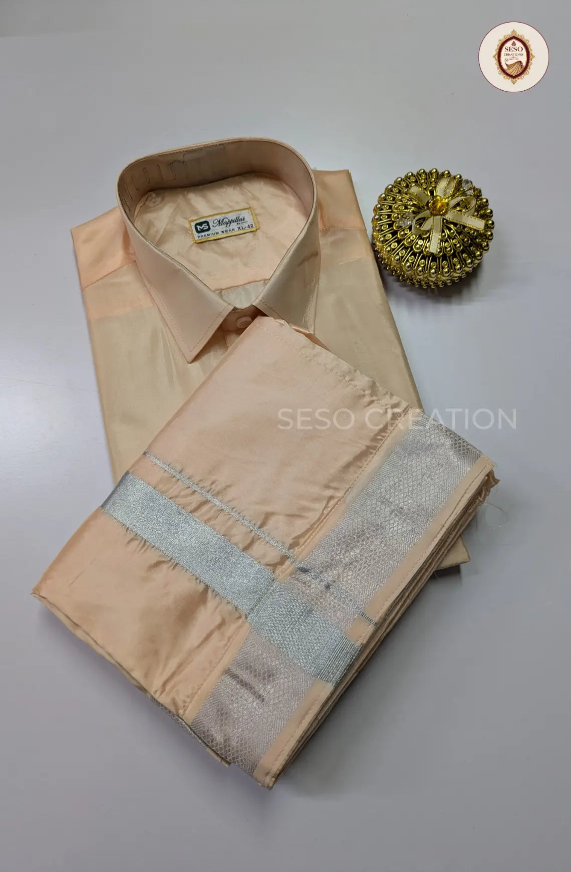 Premium Japan Silk Dhoti Set with Silver Zari - Peach