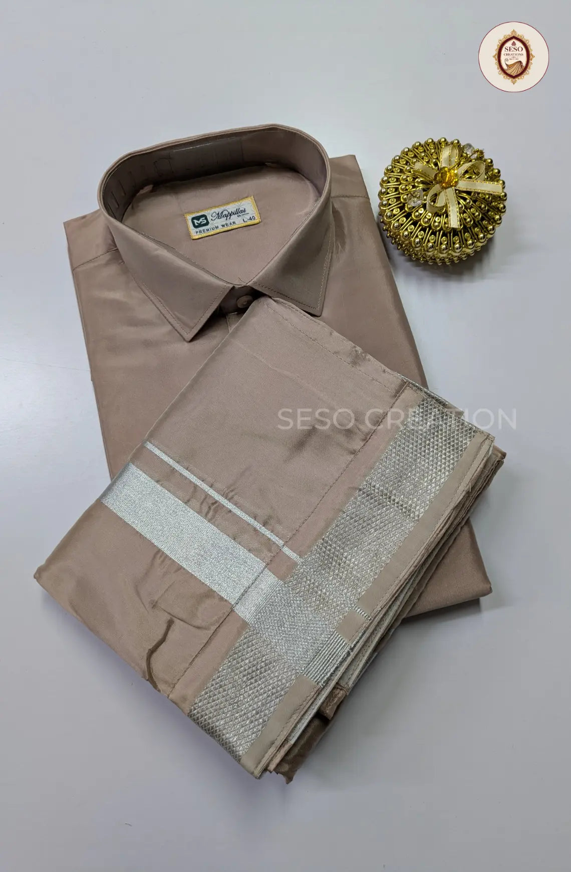 Premium Japan Silk Dhoti Set with Silver Zari - Sandstone