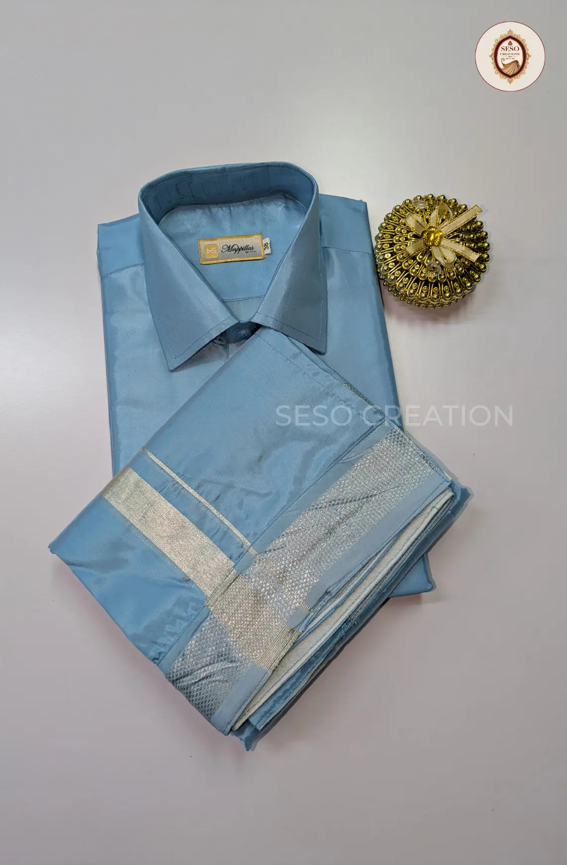 Premium Japan Silk Dhoti Set with Silver Zari - Skyblue