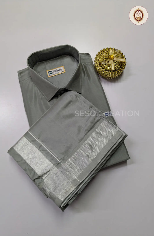 Premium Japan Silk Dhoti Set with Silver Zari - Steel Grey