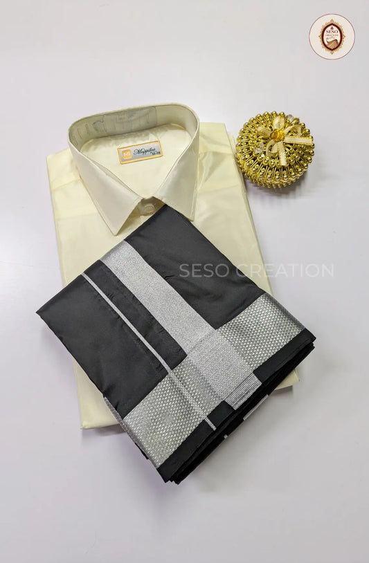 Premium Japan Silk Dhoti Set with Silver Zari - White and Black
