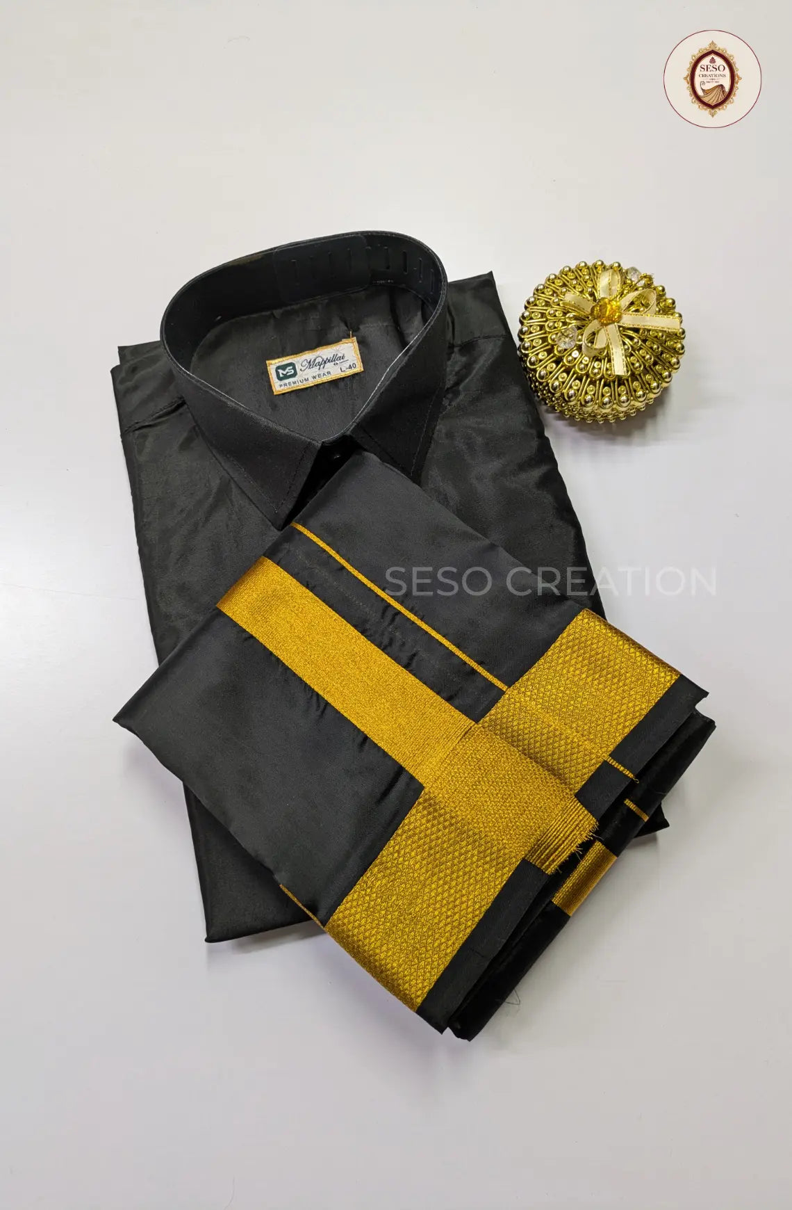 Premium Japan Silk Dhoti Set with Gold Zari - Black