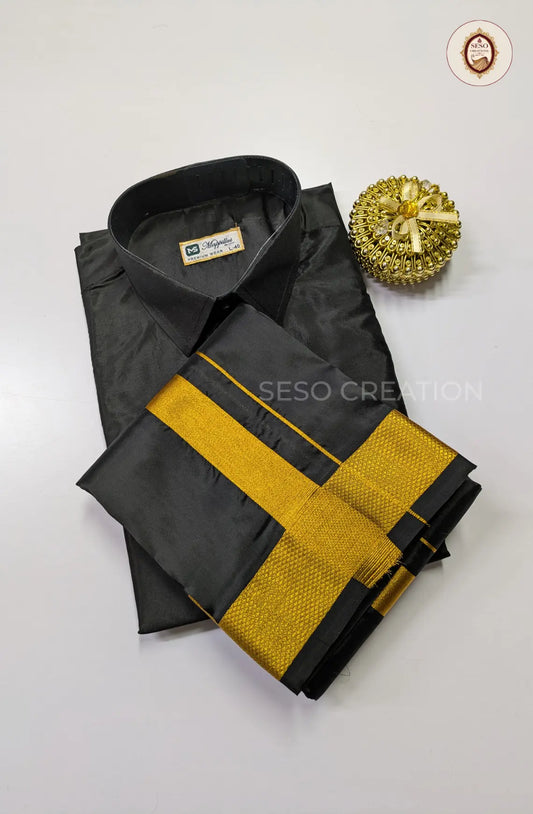 Premium Japan Silk Dhoti Set with Gold Zari - Black