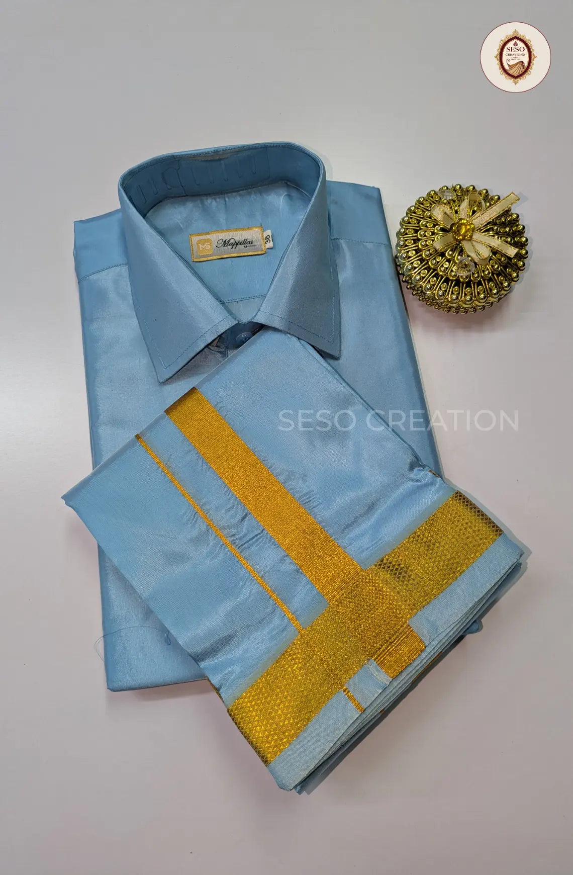 Premium Japan Silk Dhoti Set with Gold Zari - Blue