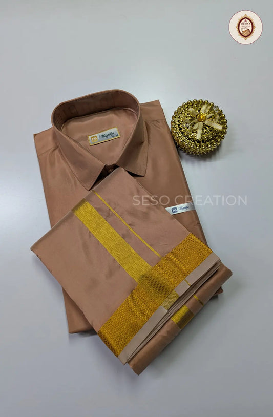 Premium Japan Silk Dhoti Set with Gold Zari - Copper