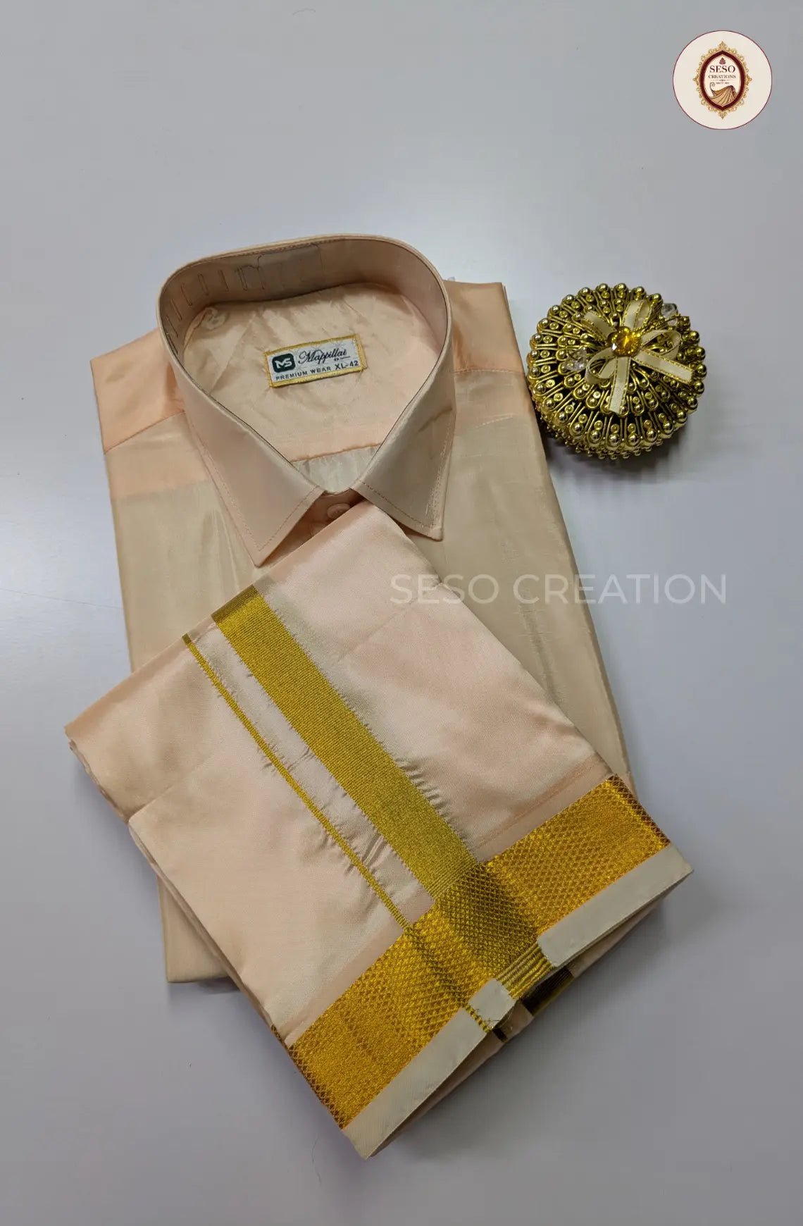 Premium Japan Silk Dhoti Set with Gold Zari - Peach