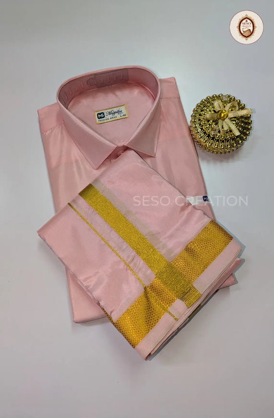 Premium Japan Silk Dhoti Set with Gold Zari - Pink