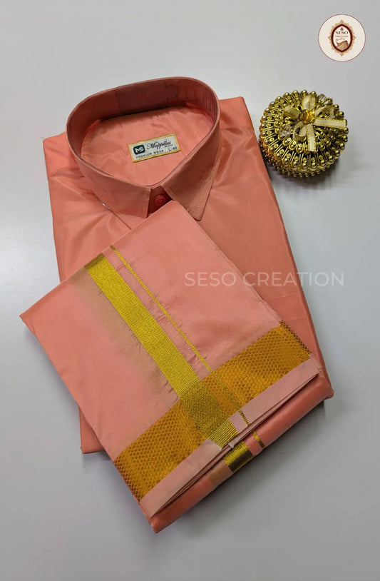 Premium Japan Silk Dhoti Set with Gold Zari - Pinkish Peach