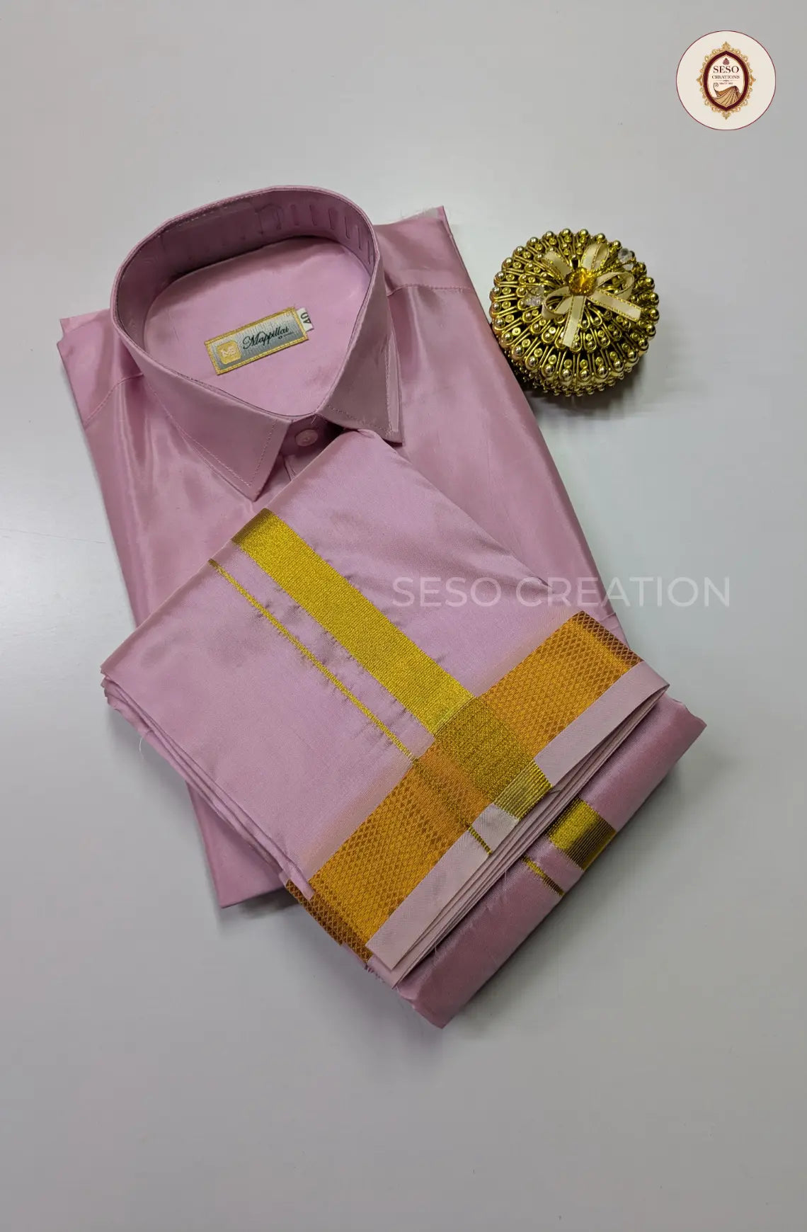 Premium Japan Silk Dhoti Set with Gold Zari - Rosy Pink