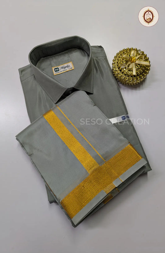 Premium Japan Silk Dhoti Set with Gold Zari - Steel Grey