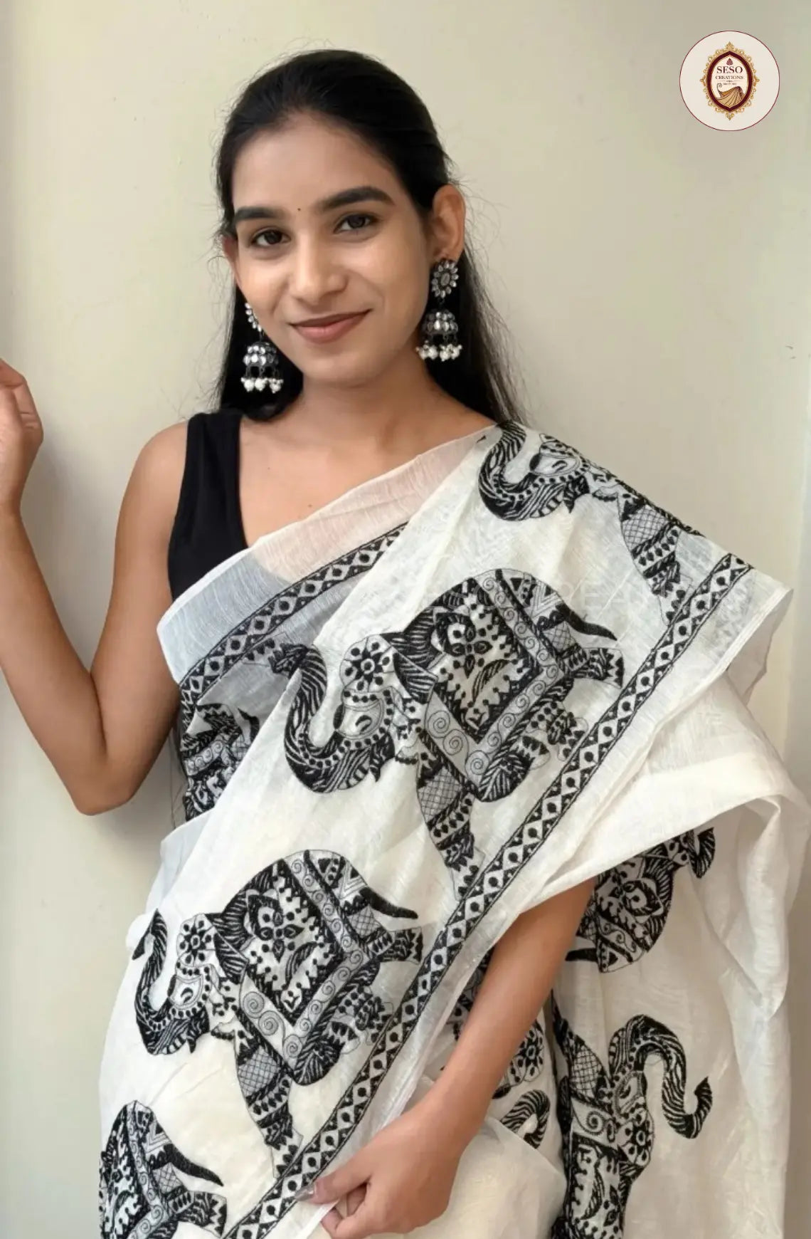 Pure Linen Cotton Saree - Off White with Black