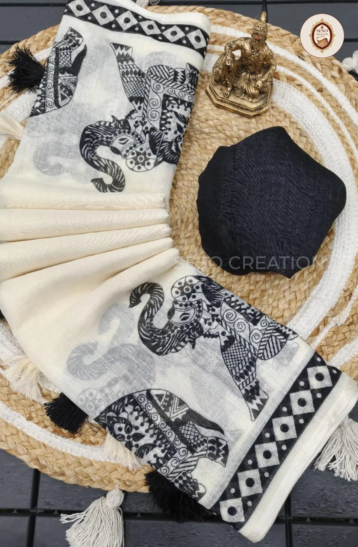 Pure Linen Cotton Saree - Off White with Black