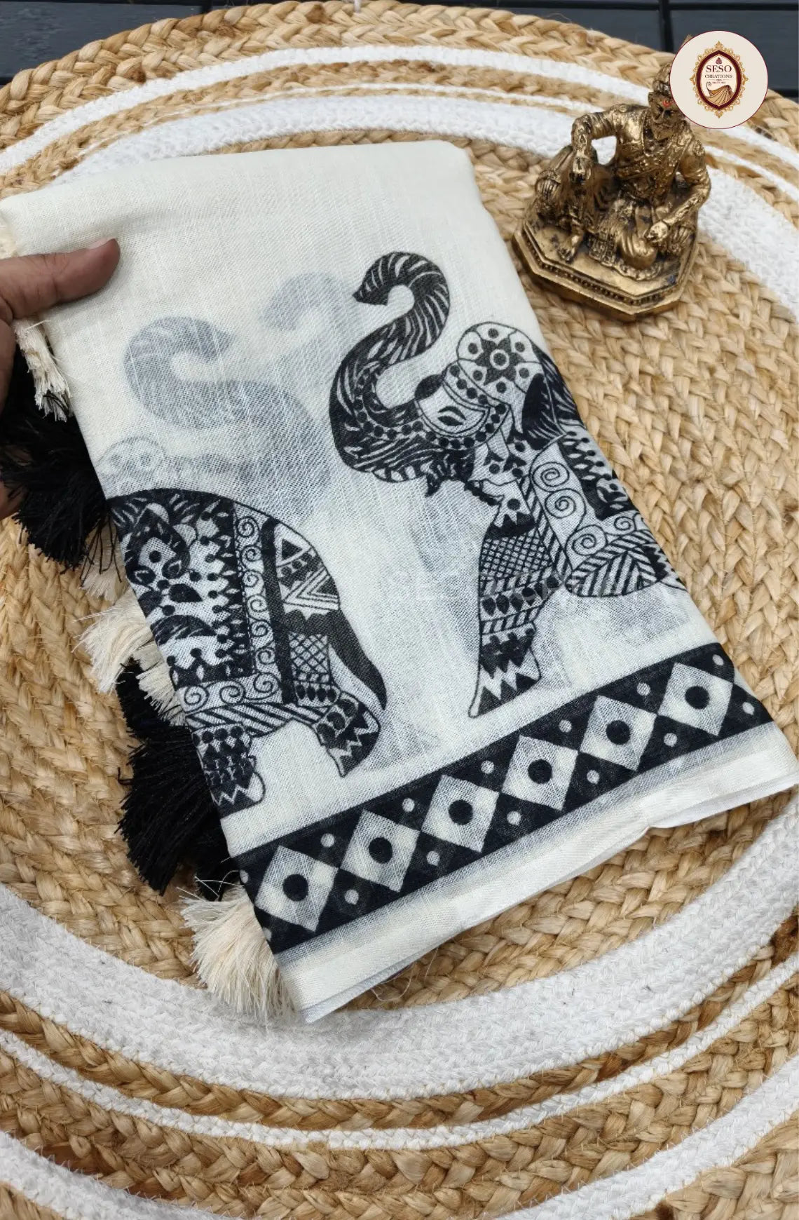 Pure Linen Cotton Saree - Off White with Black