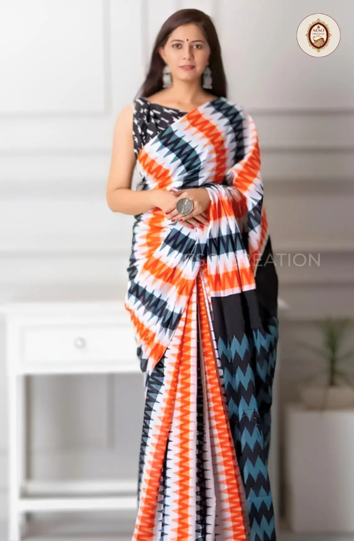 Pure Linen Cotton Saree - Off White with Multicolour