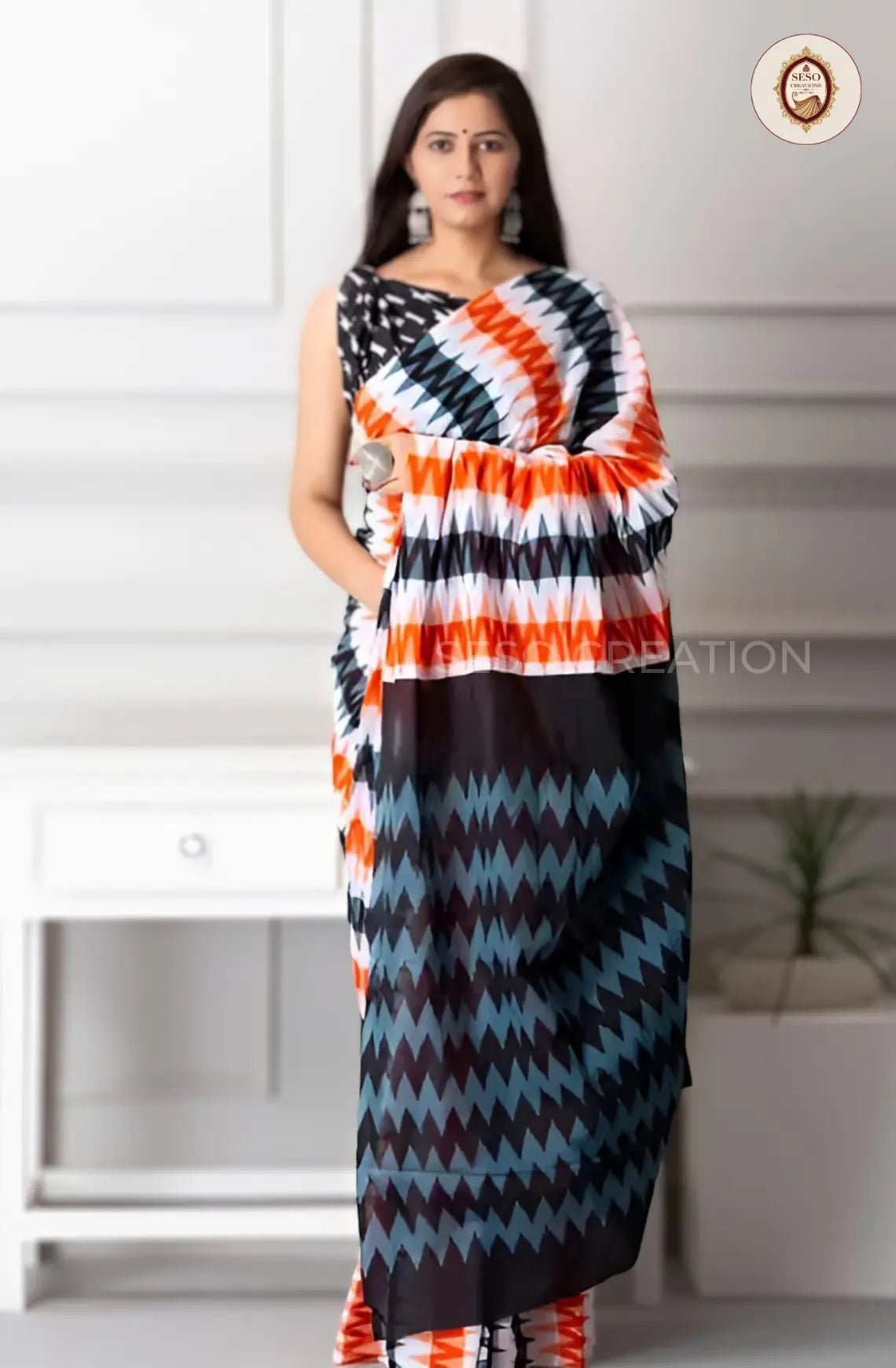 Pure Linen Cotton Saree - Off White with Multicolour