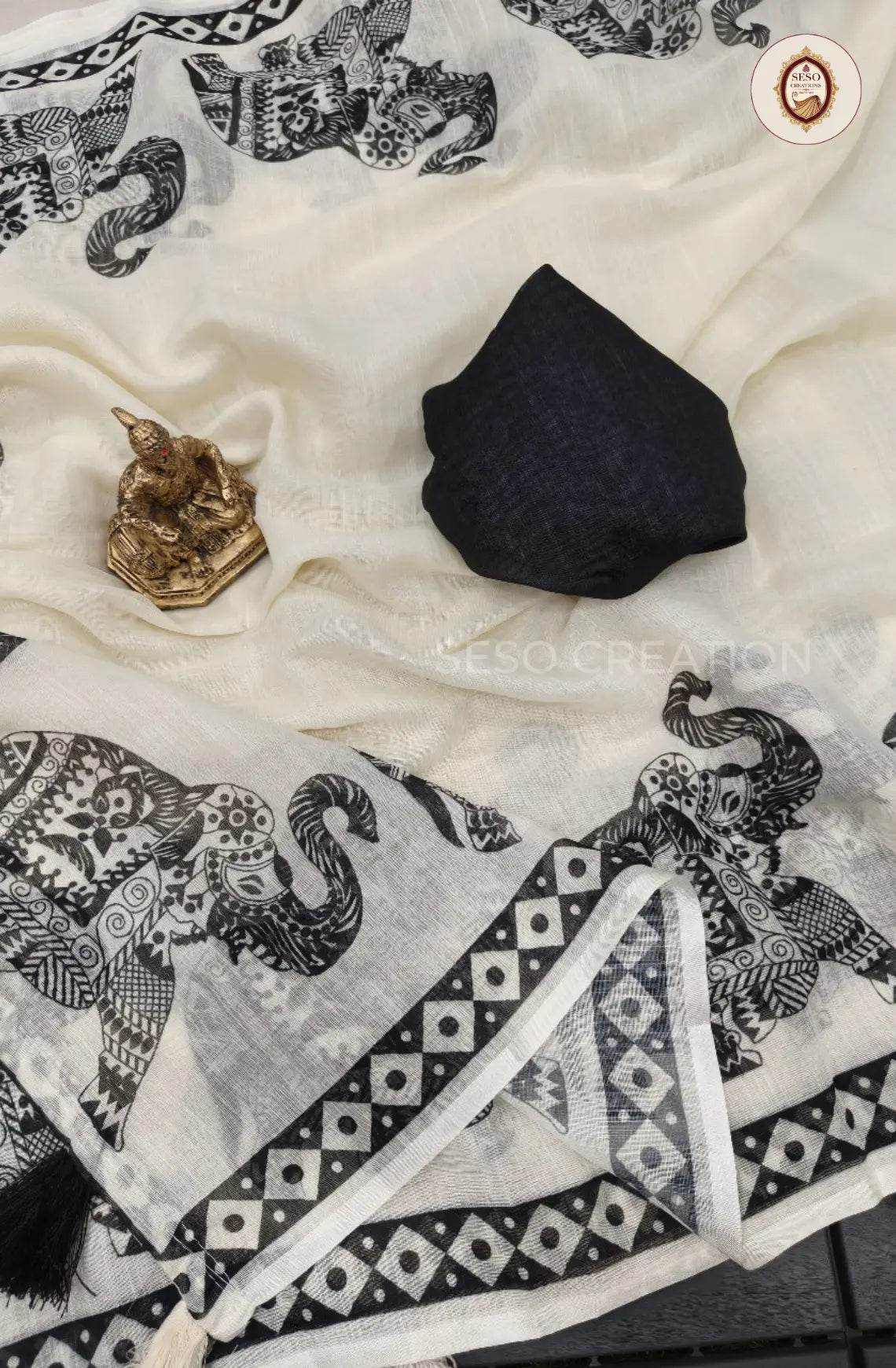 Pure Linen Cotton Saree - Off White with Black