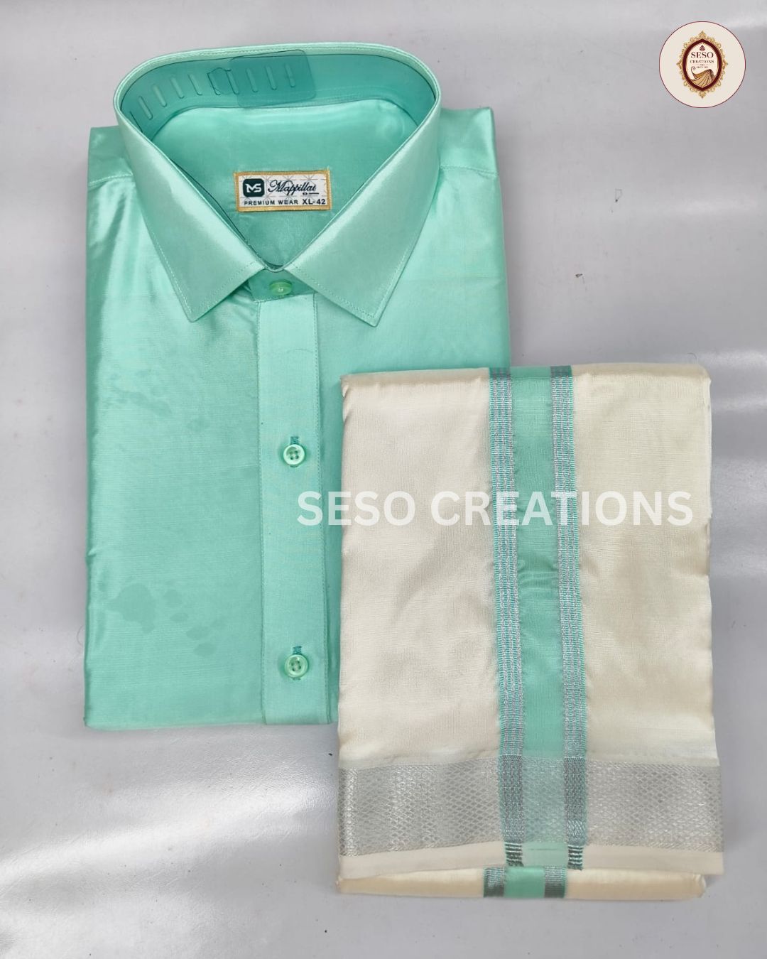 Premium Japan Silk Dhoti Set with color Border - Turquoise
