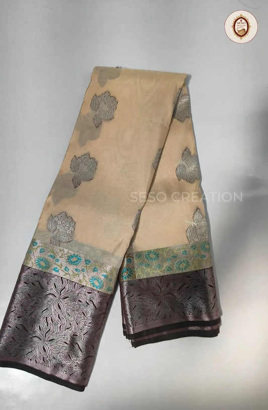Semi Art Silk with Meena Border - Cream with Coffee