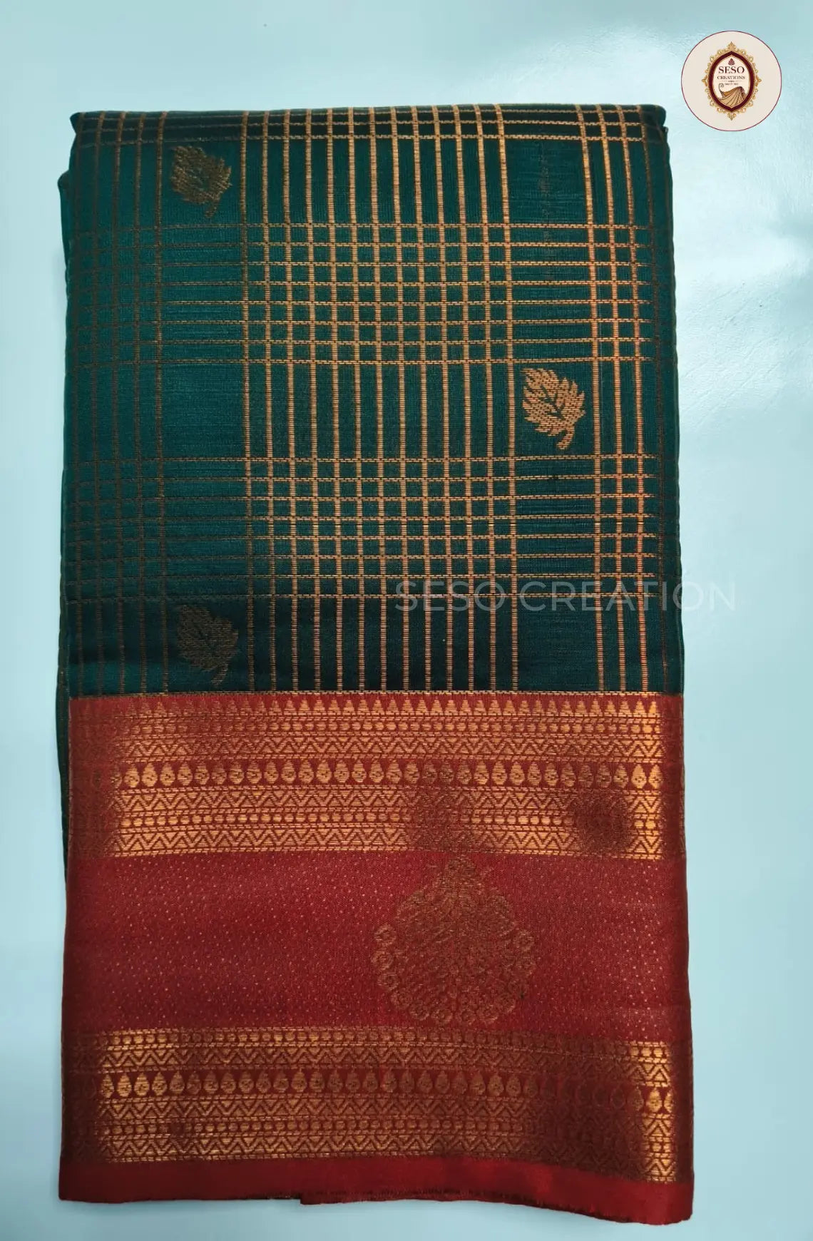 Semi Soft Silk Checked Saree  - Bottle Green
