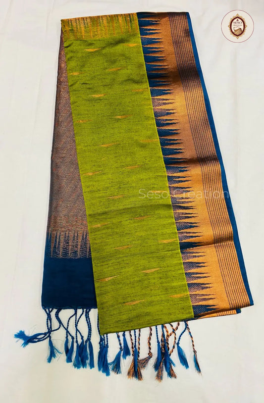 Semi Soft Silk Saree with Tower Border - Leaf Green
