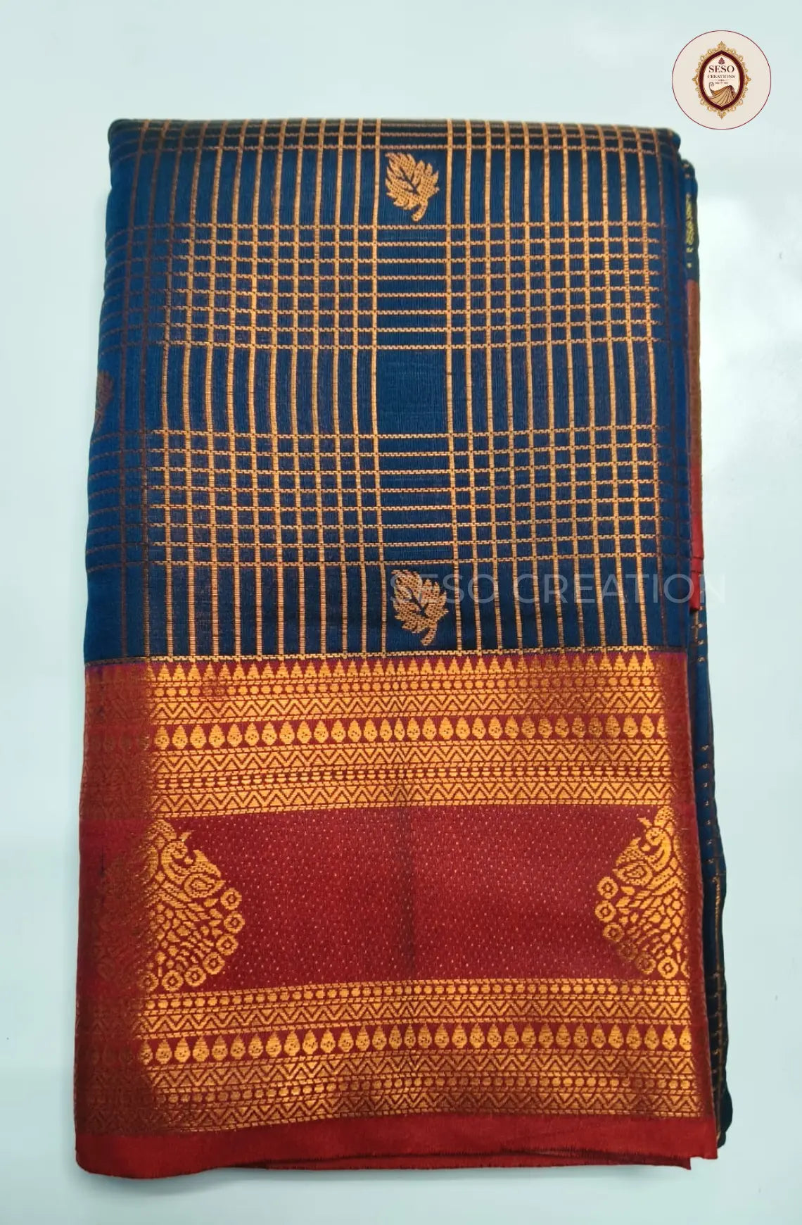 Semi Soft Silk Checked Saree  - Navy Blue