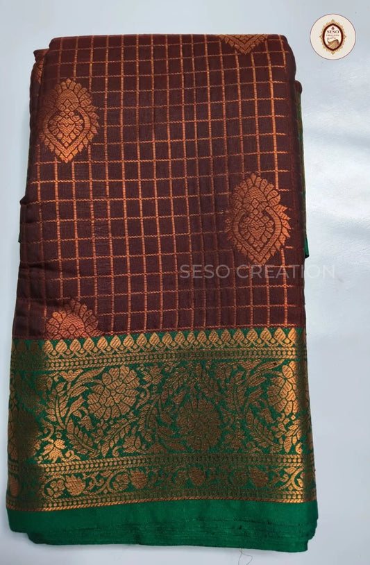Semi Soft Silk Checked Saree  with Big Butta - Brown