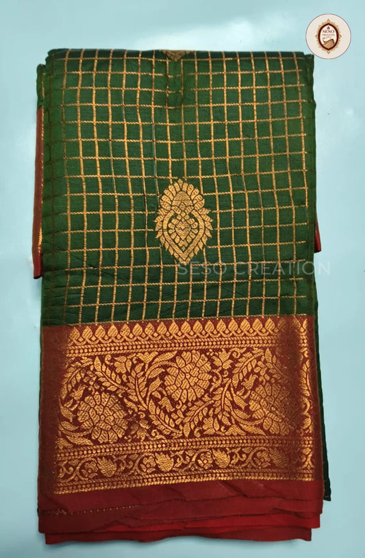 Semi Soft Silk Checked Saree  with Big Butta - Green