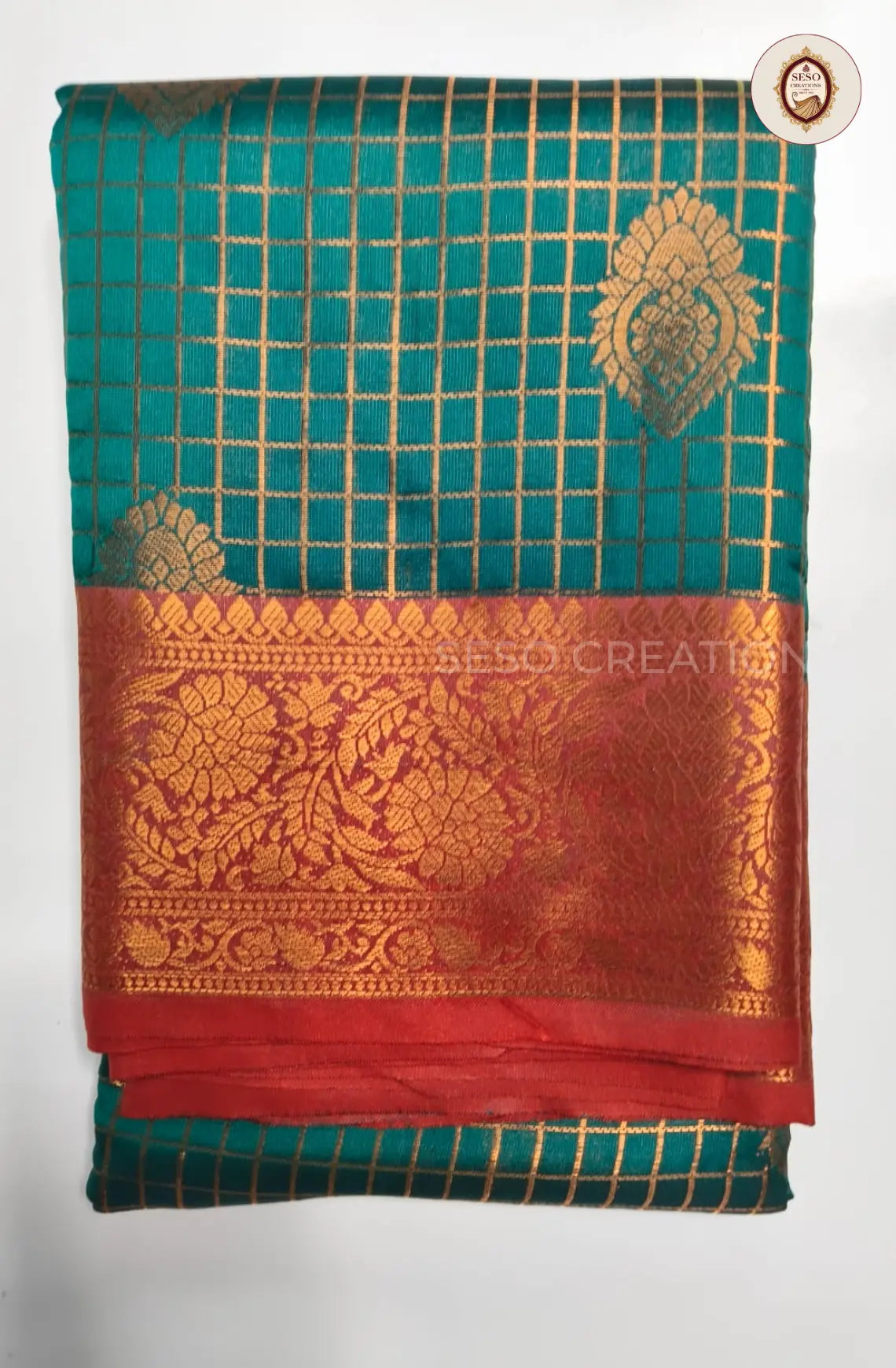 Semi Soft Silk Checked Saree  with Big Butta - Mayil