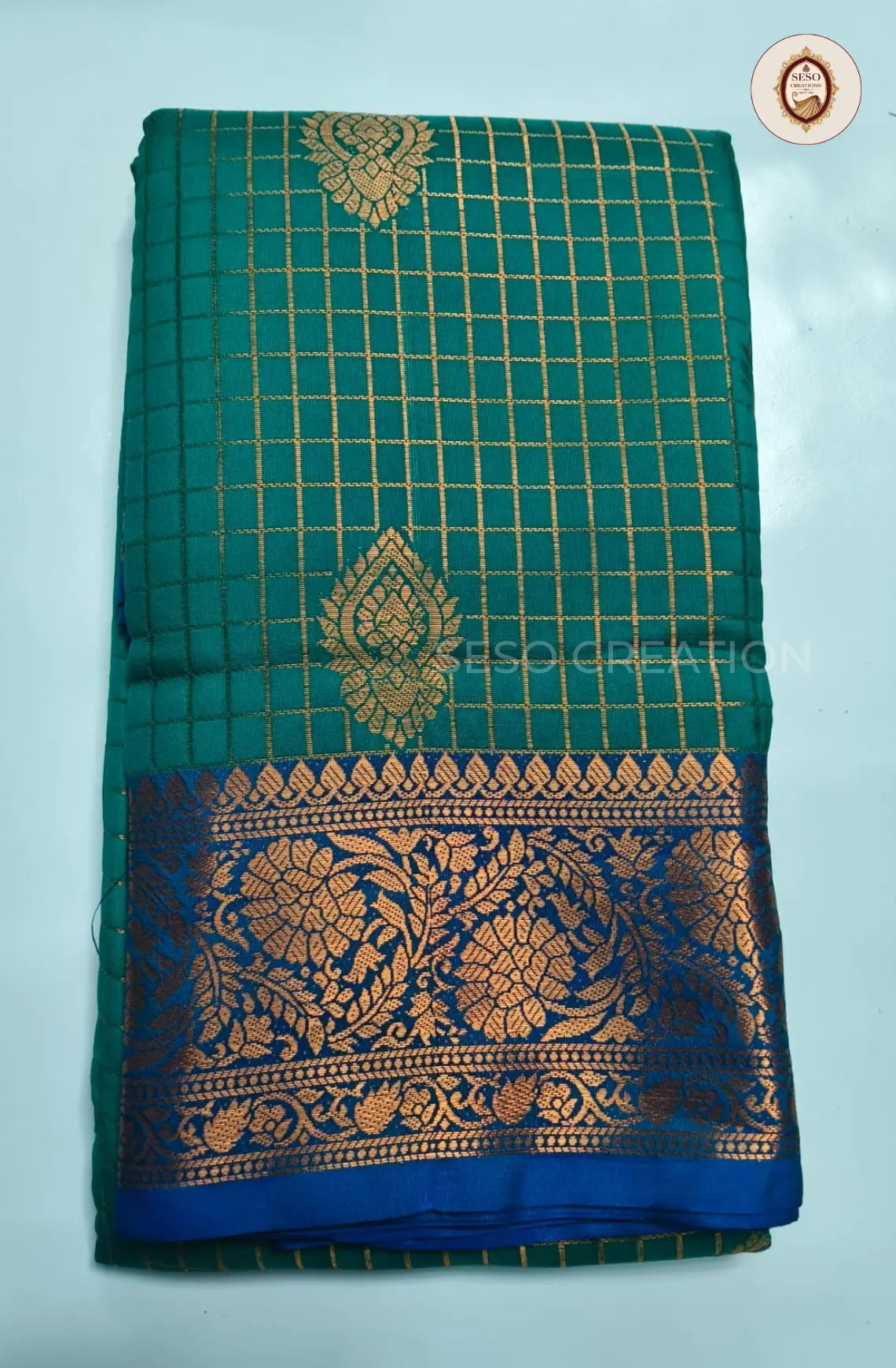 Semi Soft Silk Checked Saree  with Big Butta - Mayil