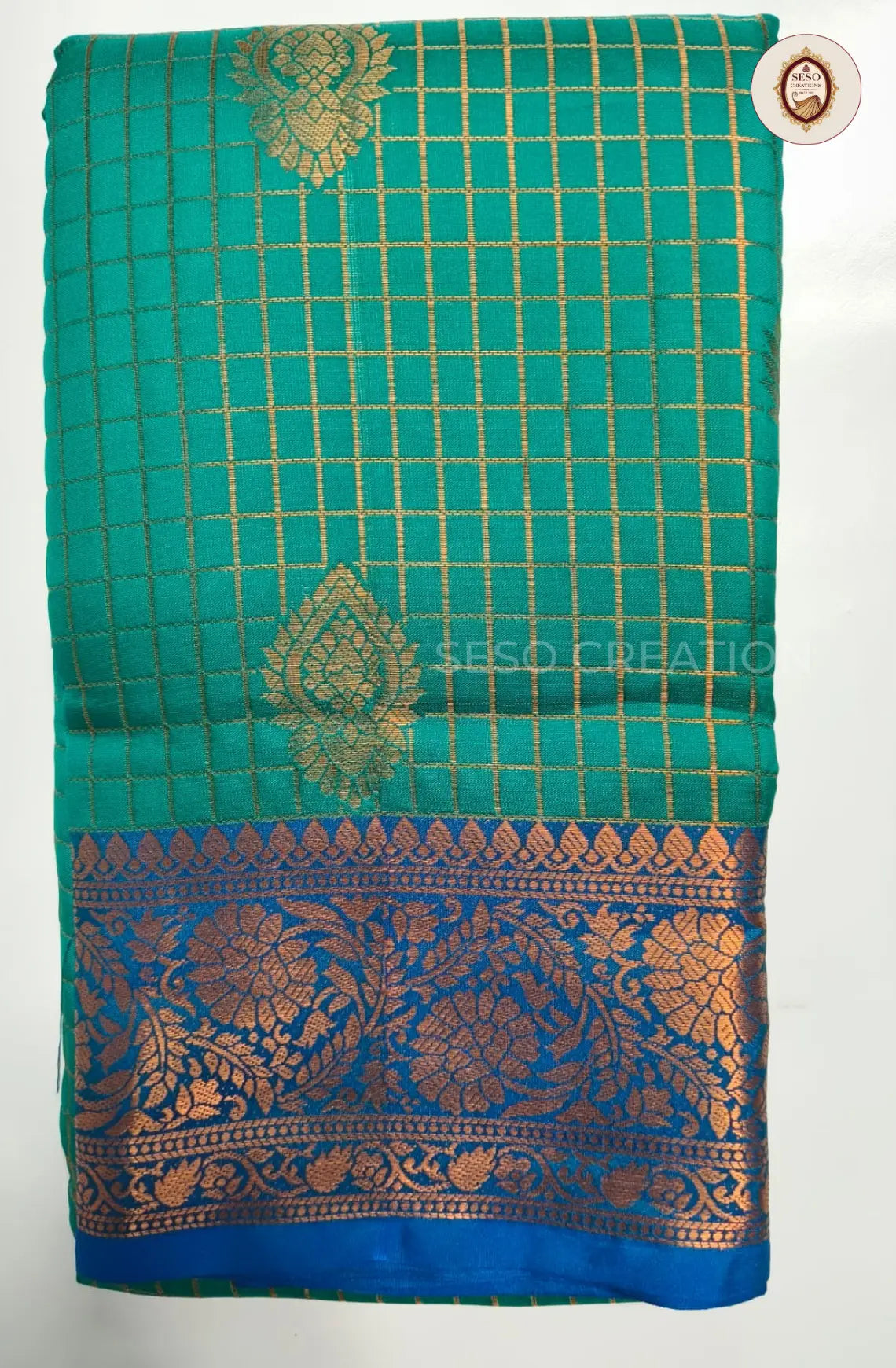 Semi Soft Silk Checked Saree  with Big Butta - Rama