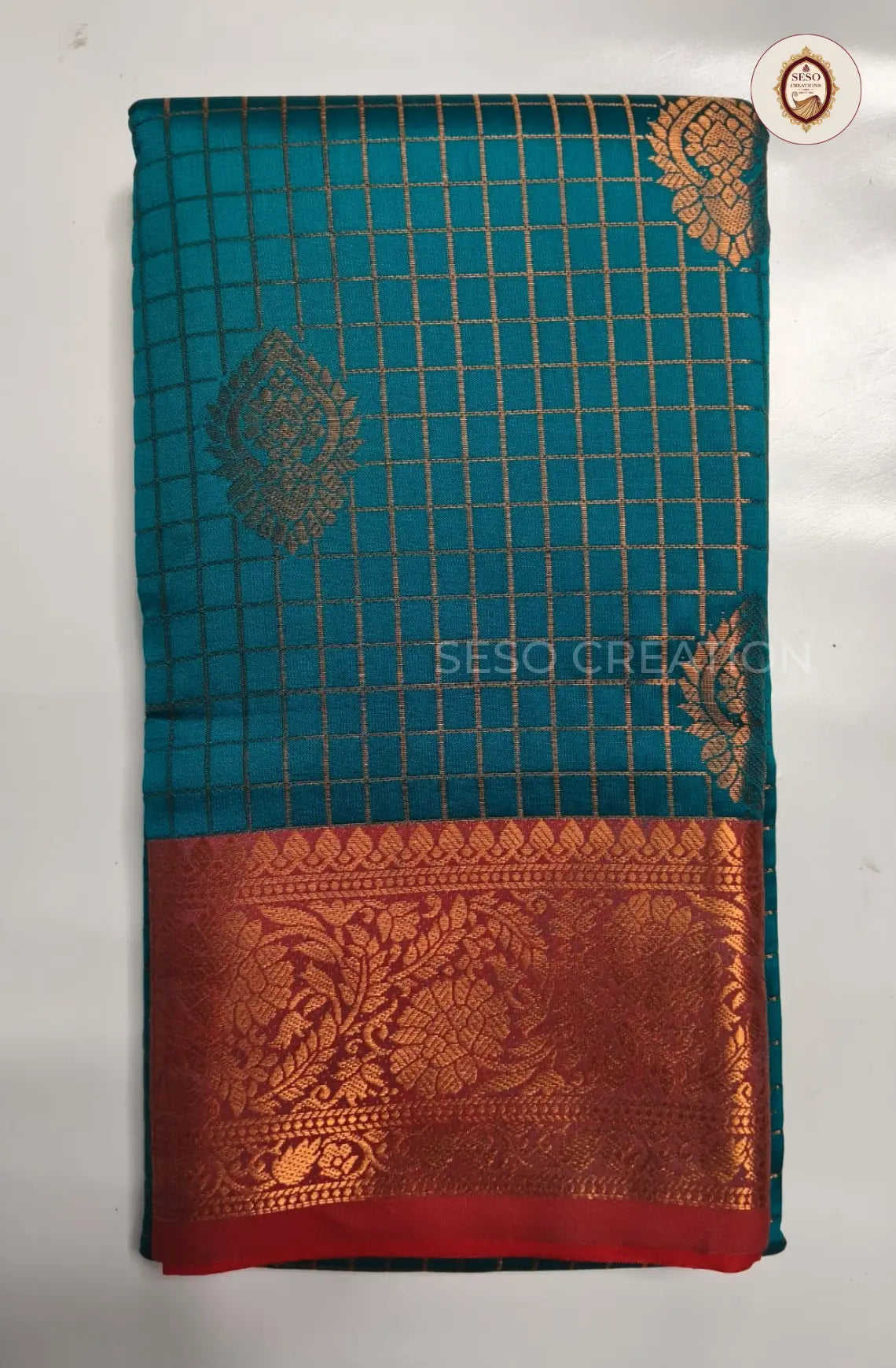 Semi Soft Silk Checked Saree  with Big Butta - Teal Blue