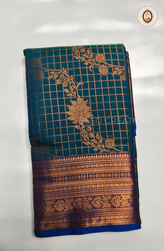 Semi Soft Silk Checked Saree with Floral  Butta - Blue