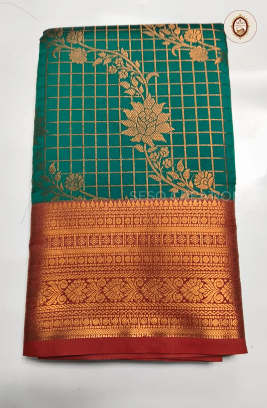 Semi Soft Silk Checked Saree with Floral  Butta - Bottle Green
