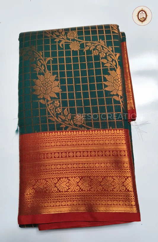 Semi Soft Silk Checked Saree with Floral  Butta - Dark Green