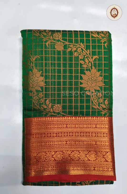Semi Soft Silk Checked Saree with Floral  Butta - Green