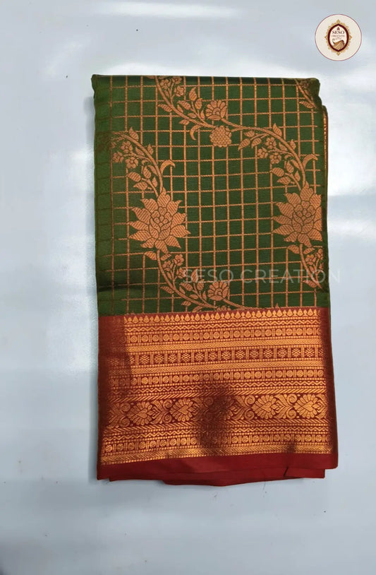 Semi Soft Silk Checked Saree with Floral  Butta - Light Green