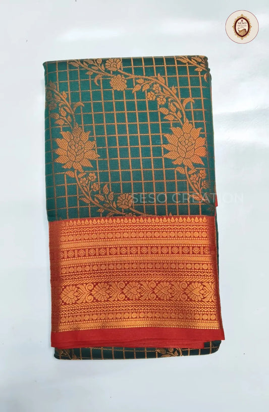 Semi Soft Silk Checked Saree with Floral  Butta - Mayil