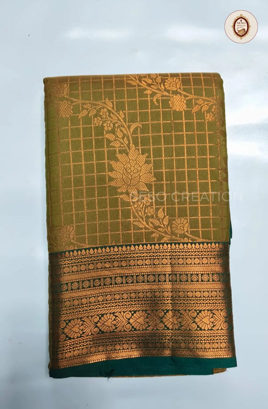 Semi Soft Silk Checked Saree with Floral  Butta - Grass Green